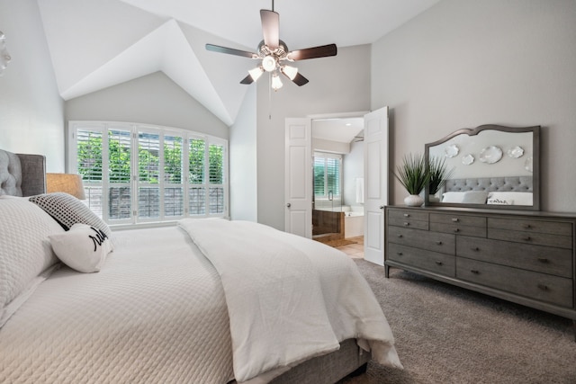 2707 Barnhill Ln, Frisco, TX 75034 - carpeted bedroom featuring ensuite bathroom, high vaulted ceiling, and ceiling fan