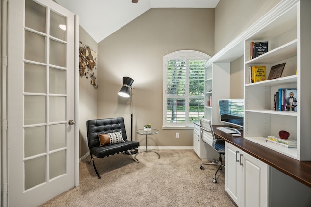 2707 Barnhill Ln, Frisco, TX 75034 - home office featuring light carpet, lofted ceiling, and baseboards