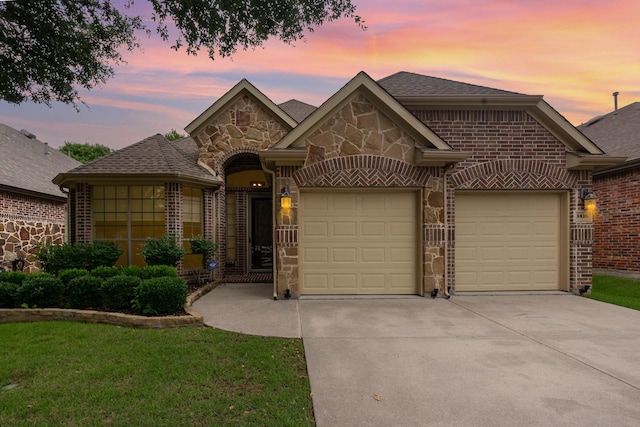 1416 Tangle Ridge Dr, Mckinney, TX 75071 - view of front of house with a garage, concrete driveway, brick siding, a front lawn, and roof with shingles