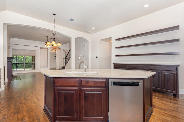 1416 Tangle Ridge Dr, Mckinney, TX 75071 - kitchen with stainless steel dishwasher, a sink, arched walkways, dark wood-type flooring, and a chandelier