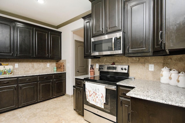 407 Dill Rd, Weatherford, TX 76085 - kitchen with appliances with stainless steel finishes, ornamental molding, decorative backsplash, and light stone counters