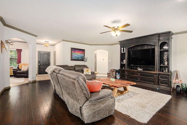 407 Dill Rd, Weatherford, TX 76085 - living area with arched walkways, ceiling fan, hardwood / wood-style flooring, and ornamental molding