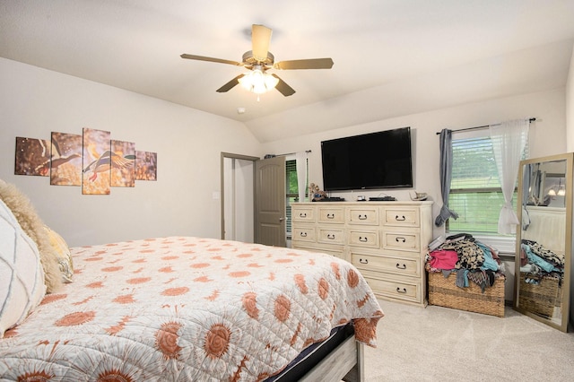 407 Dill Rd, Weatherford, TX 76085 - bedroom with light colored carpet, vaulted ceiling, and ceiling fan