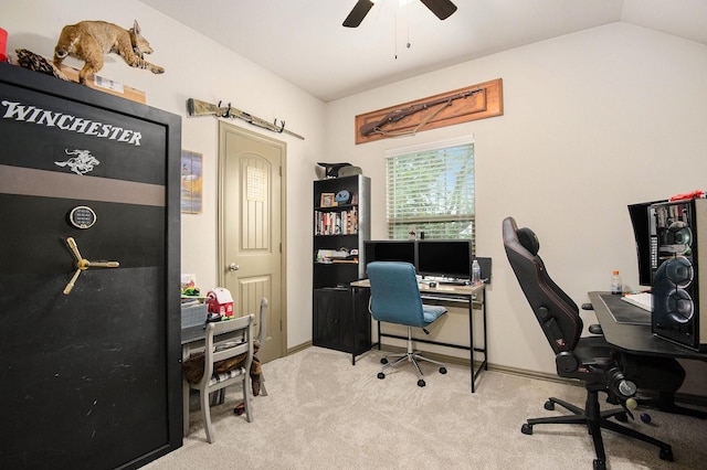 407 Dill Rd, Weatherford, TX 76085 - home office featuring ceiling fan, carpet, and lofted ceiling