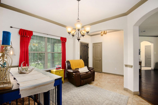 407 Dill Rd, Weatherford, TX 76085 - bedroom with arched walkways, crown molding, a chandelier, and light tile patterned floors