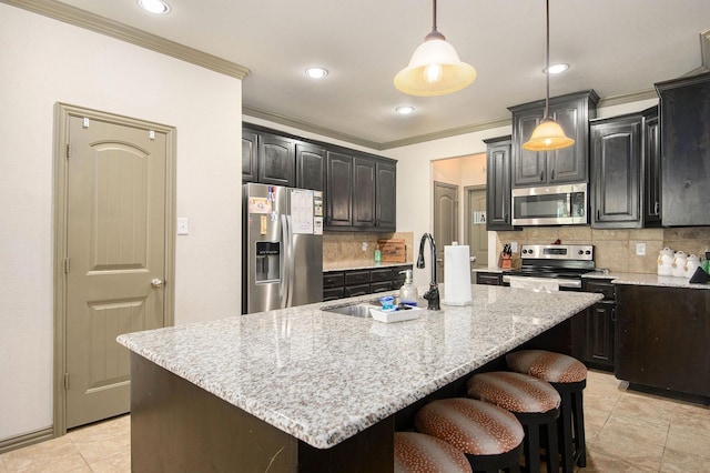 407 Dill Rd, Weatherford, TX 76085 - kitchen with stainless steel appliances, ornamental molding, decorative backsplash, a breakfast bar, and light stone countertops