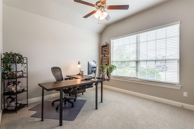 2921 Crossbow Ln, Celina, TX 75009 - office area featuring ceiling fan, light colored carpet, baseboards, and lofted ceiling