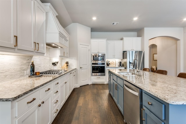 2921 Crossbow Ln, Celina, TX 75009 - kitchen featuring appliances with stainless steel finishes, a sink, blue cabinets, arched walkways, and white cabinets