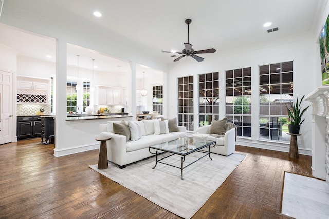 1331 Crockett Dr, Frisco, TX 75033 - living room with ceiling fan, recessed lighting, and dark wood-type flooring