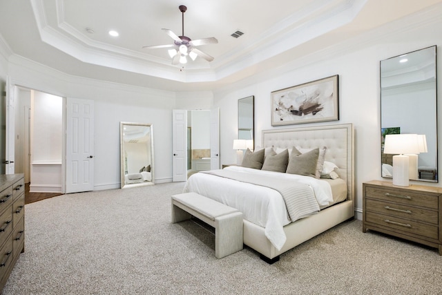 1331 Crockett Dr, Frisco, TX 75033 - bedroom featuring crown molding, a raised ceiling, carpet, recessed lighting, and ensuite bathroom