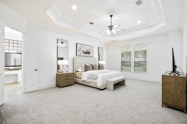 1331 Crockett Dr, Frisco, TX 75033 - bedroom with crown molding, a tray ceiling, carpet flooring, recessed lighting, and ensuite bathroom