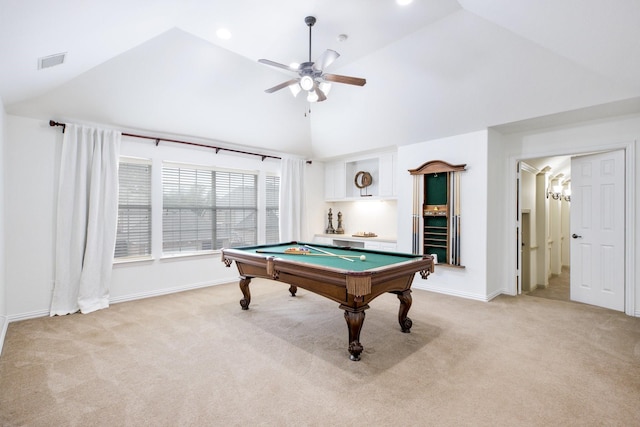 1331 Crockett Dr, Frisco, TX 75033 - recreation room with light colored carpet, a ceiling fan, billiards table, baseboards, and high vaulted ceiling