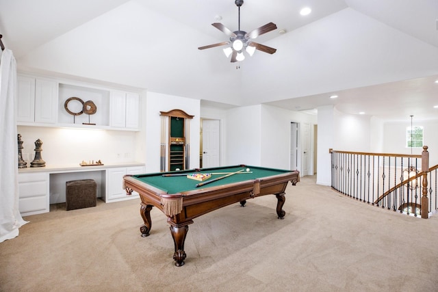 1331 Crockett Dr, Frisco, TX 75033 - game room with a ceiling fan, light colored carpet, pool table, recessed lighting, and high vaulted ceiling