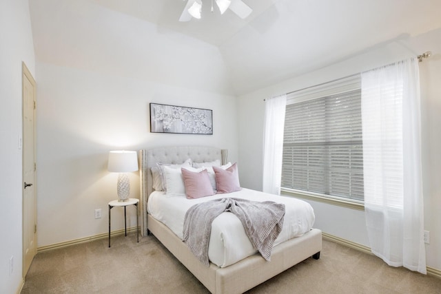 1331 Crockett Dr, Frisco, TX 75033 - bedroom featuring light colored carpet, vaulted ceiling, baseboards, and ceiling fan
