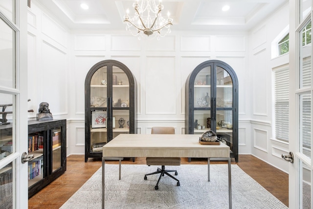 1331 Crockett Dr, Frisco, TX 75033 - office with a decorative wall, dark wood finished floors, ornamental molding, a chandelier, and recessed lighting