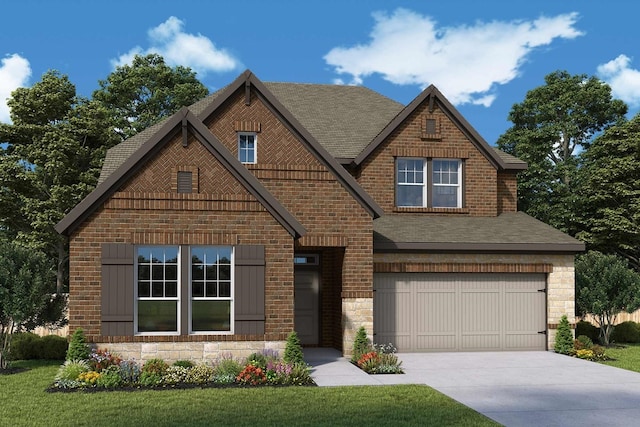 4229 Palomino Rd, Aubrey, TX 76227 - view of front of house featuring stone siding, driveway, a garage, and a shingled roof