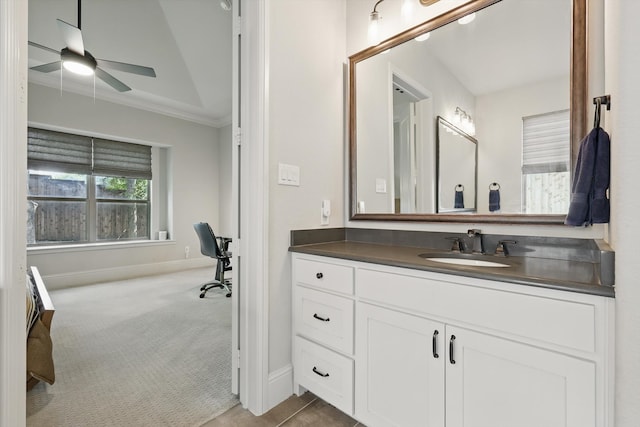 125 Chisholm Trl, Highland Village, TX 75077 - bathroom with crown molding, vanity, ceiling fan, and baseboards