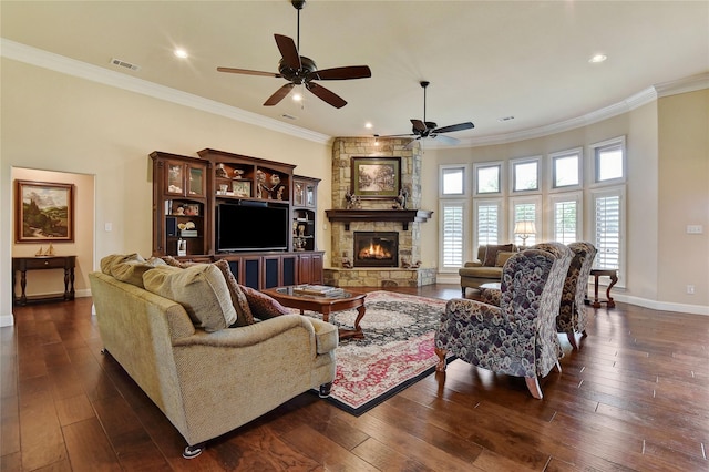 128 Whispering Winds Dr, Gunter, TX 75058 - living area featuring baseboards, crown molding, dark wood-style floors, a ceiling fan, and recessed lighting
