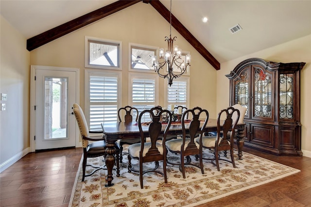 128 Whispering Winds Dr, Gunter, TX 75058 - dining area with beamed ceiling, healthy amount of natural light, a chandelier, high vaulted ceiling, and dark wood-style floors