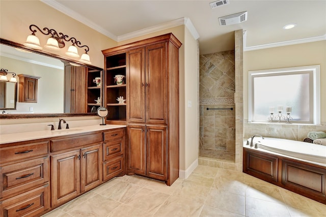 128 Whispering Winds Dr, Gunter, TX 75058 - bathroom featuring a garden tub, ornamental molding, vanity, and tiled shower