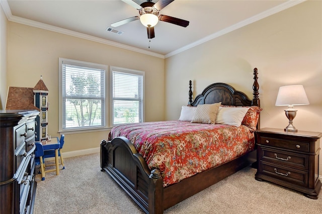 128 Whispering Winds Dr, Gunter, TX 75058 - bedroom with light carpet, ornamental molding, baseboards, and a ceiling fan