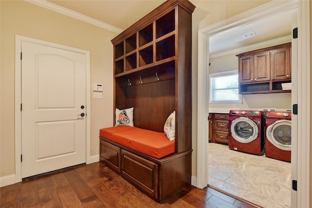 128 Whispering Winds Dr, Gunter, TX 75058 - mudroom with ornamental molding, dark wood-style floors, baseboards, and washer and dryer