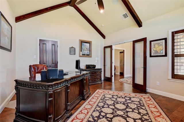 128 Whispering Winds Dr, Gunter, TX 75058 - office featuring french doors, dark wood-type flooring, beam ceiling, high vaulted ceiling, and baseboards
