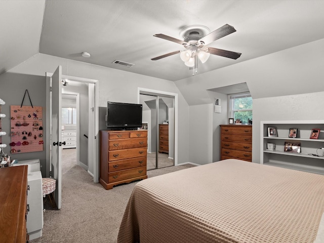 536 Nathan St, Burleson, TX 76028 - bedroom featuring light carpet, a closet, lofted ceiling, and ceiling fan