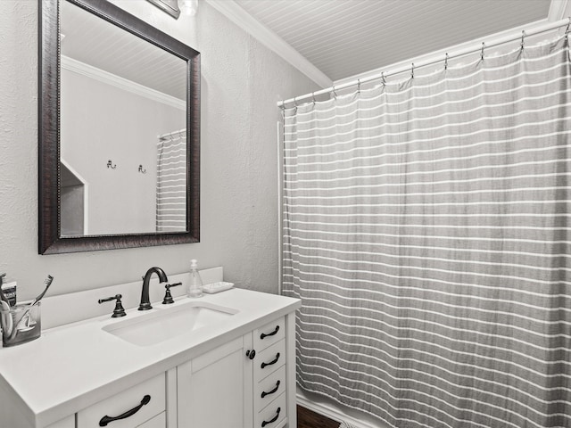 536 Nathan St, Burleson, TX 76028 - bathroom featuring a textured wall, vanity, crown molding, and curtained shower
