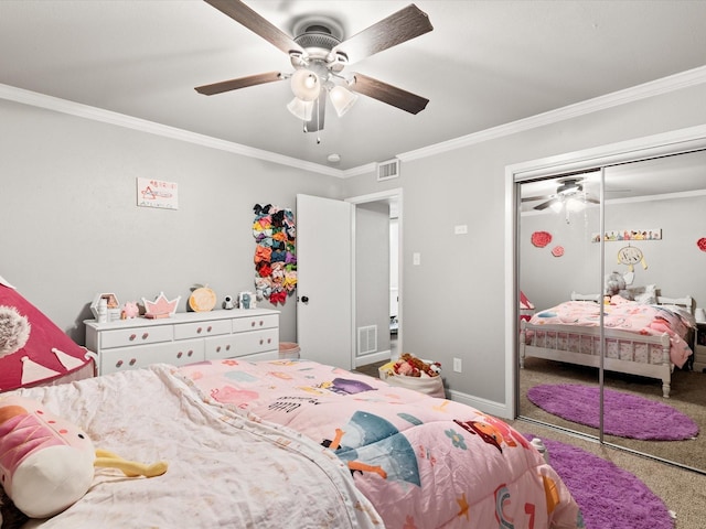 536 Nathan St, Burleson, TX 76028 - carpeted bedroom featuring crown molding, a closet, and ceiling fan