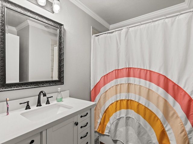 536 Nathan St, Burleson, TX 76028 - bathroom featuring vanity, ornamental molding, a textured wall, and a shower with shower curtain