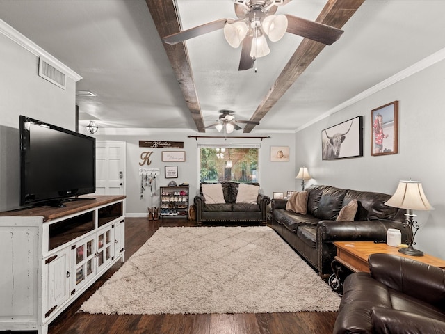 536 Nathan St, Burleson, TX 76028 - living room featuring ceiling fan, beamed ceiling, dark wood-style floors, and ornamental molding