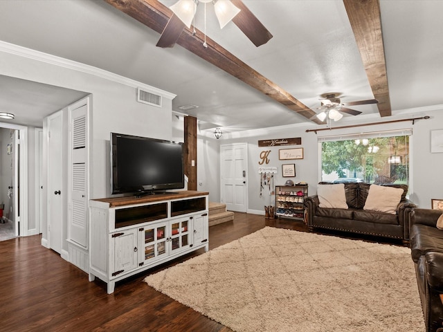 536 Nathan St, Burleson, TX 76028 - living room with a ceiling fan, dark wood finished floors, and beamed ceiling