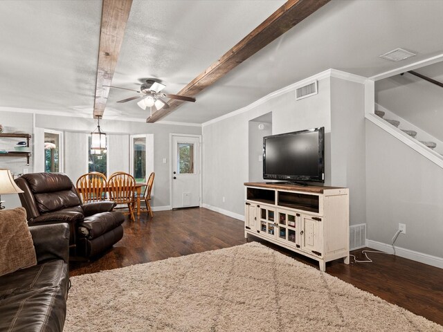 536 Nathan St, Burleson, TX 76028 - living area featuring wood finished floors, ceiling fan, beam ceiling, and stairway