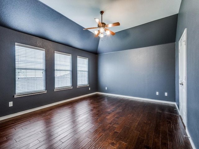 3604 Camino Trl, Mckinney, TX 75070 - empty room featuring ceiling fan, dark wood finished floors, baseboards, and vaulted ceiling