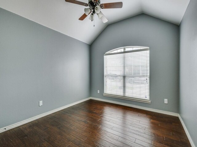 3604 Camino Trl, Mckinney, TX 75070 - empty room with a ceiling fan, lofted ceiling, wood finished floors, and baseboards