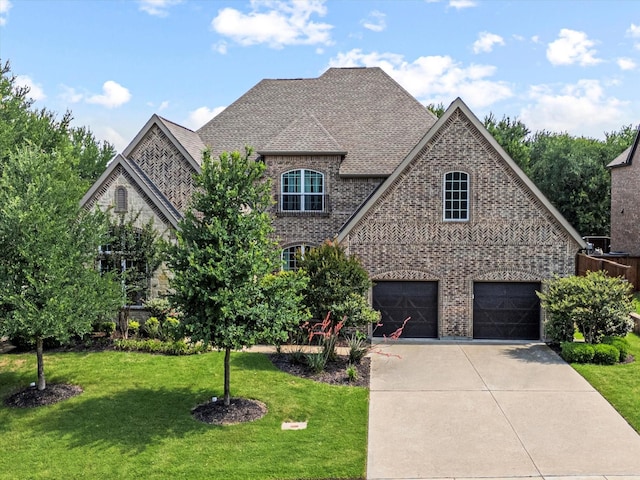 10933 Smoky Oak Trl, Flower Mound, TX 76226 - french country home featuring a front lawn, concrete driveway, brick siding, and roof with shingles