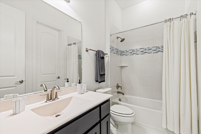 10933 Smoky Oak Trl, Flower Mound, TX 76226 - full bathroom with vanity, shower / bathtub combination with curtain, and toilet