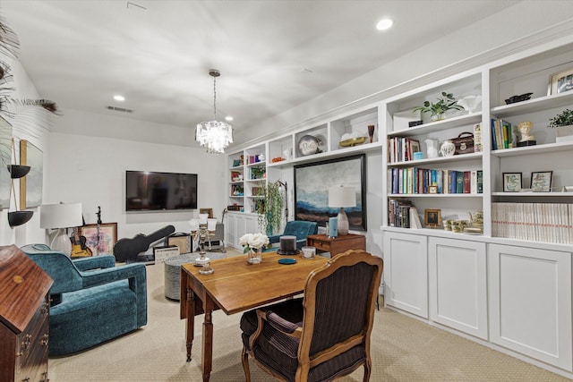 10933 Smoky Oak Trl, Flower Mound, TX 76226 - office featuring light colored carpet, a chandelier, and recessed lighting