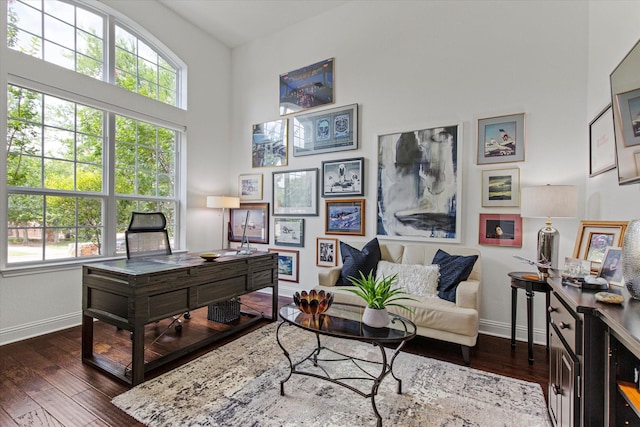 10933 Smoky Oak Trl, Flower Mound, TX 76226 - office with healthy amount of natural light, baseboards, dark wood-style floors, and a high ceiling