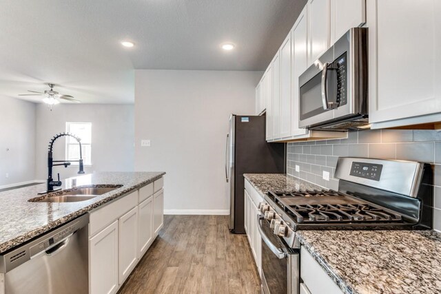 2089 Hartley Dr, Forney, TX 75126 - kitchen featuring appliances with stainless steel finishes, a sink, decorative backsplash, a ceiling fan, and white cabinetry