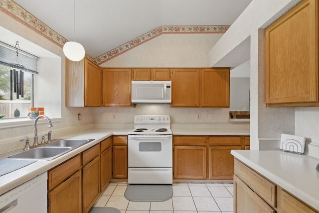 1508 Haven Pl, Allen, TX 75002 - kitchen featuring white appliances, lofted ceiling, a sink, light tile patterned flooring, and light countertops