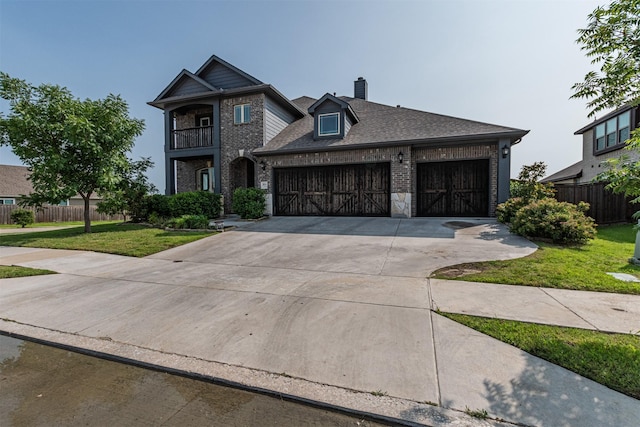 2014 Slow Stream Dr, Royse City, TX 75189 - view of front of house featuring brick siding, a balcony, concrete driveway, a chimney, and a garage