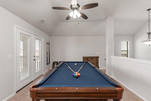 2014 Slow Stream Dr, Royse City, TX 75189 - rec room with lofted ceiling, carpet flooring, billiards table, and a ceiling fan