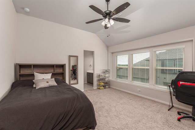 2014 Slow Stream Dr, Royse City, TX 75189 - bedroom with vaulted ceiling, carpet flooring, baseboards, ceiling fan, and connected bathroom