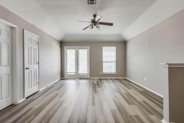 9736 Old Field Dr, Mckinney, TX 75072 - unfurnished living room featuring ceiling fan, light wood-type flooring, baseboards, and lofted ceiling