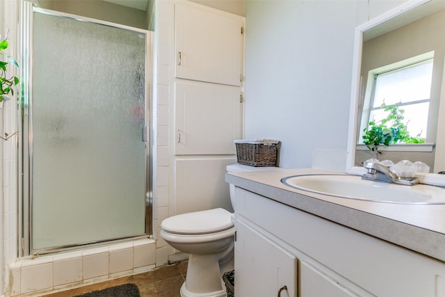 1816 Chattanooga, Bedford, TX 76021 - bathroom with toilet, vanity, tile patterned floors, and a shower stall