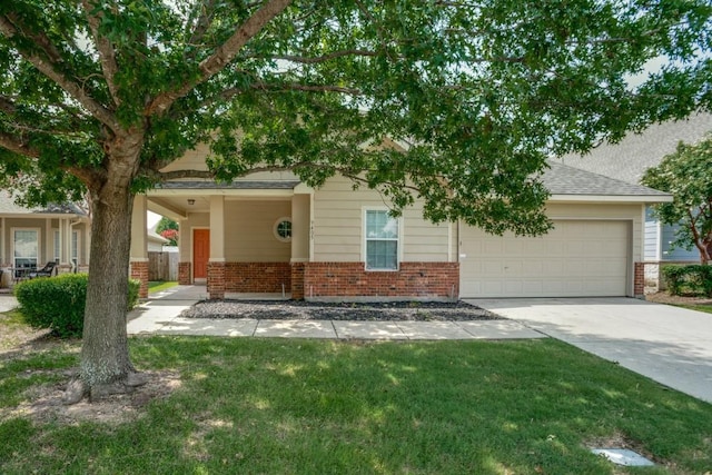 9405 Log Run Ct, Mckinney, TX 75072 - view of property hidden behind natural elements featuring brick siding, concrete driveway, an attached garage, and a front lawn