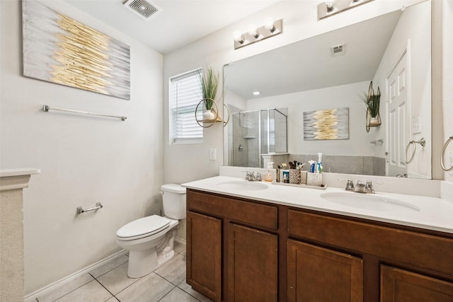 2224 Heaton St, Forney, TX 75126 - full bathroom featuring toilet, tile patterned floors, a stall shower, double vanity, and baseboards