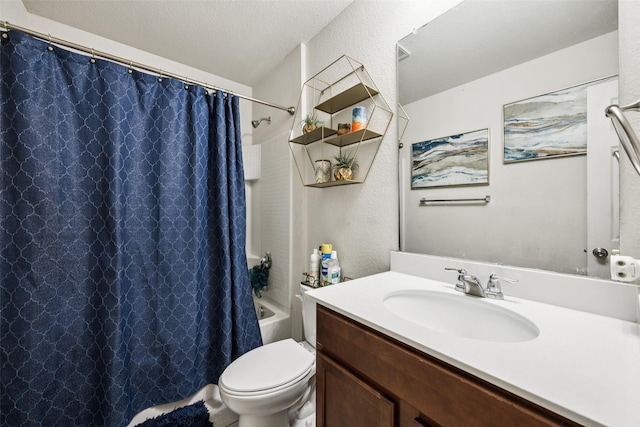 2224 Heaton St, Forney, TX 75126 - full bathroom featuring vanity, toilet, shower / tub combo, a textured wall, and a textured ceiling
